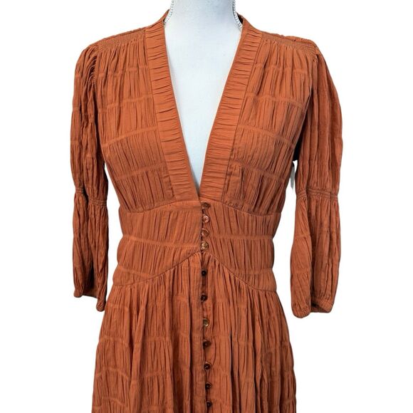 CULT GAIA Willow Ruched Panelled Cotton Blend Dress In Spice Size M - Picture 5 of 14